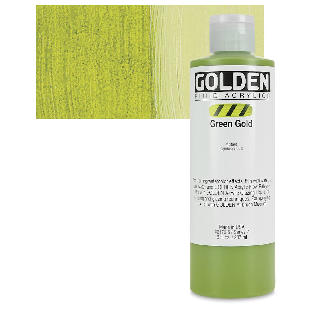 Open in modal - Golden Fluid Acrylic - Green Gold, 8 oz bottle and swatch