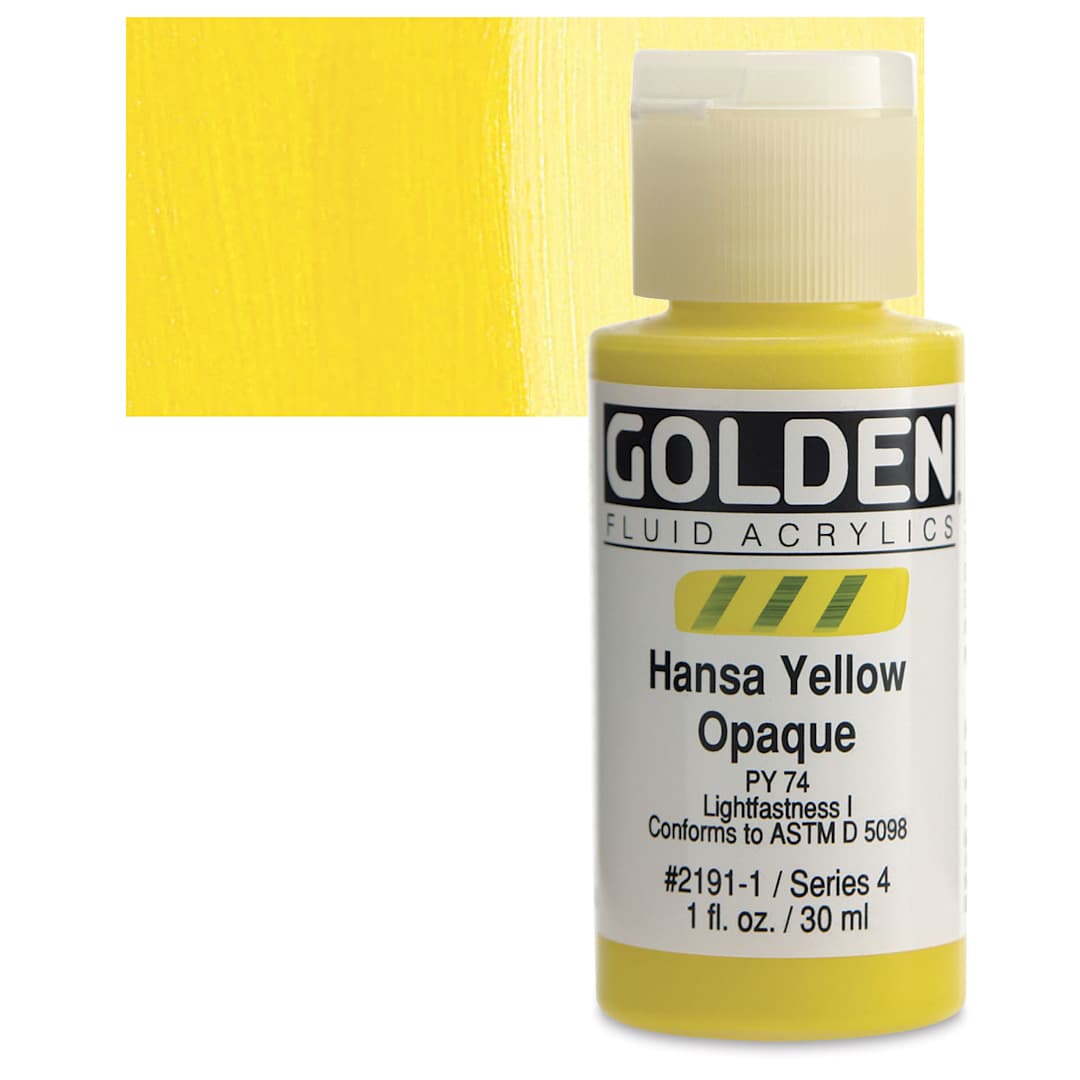 Open in modal - Golden Fluid Acrylic - Hansa Yellow Opaque, 1 oz bottle and swatch