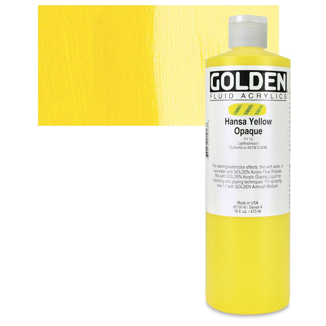 Open in modal - Golden Fluid Acrylic - Hansa Yellow Opaque, 16 oz bottle and swatch