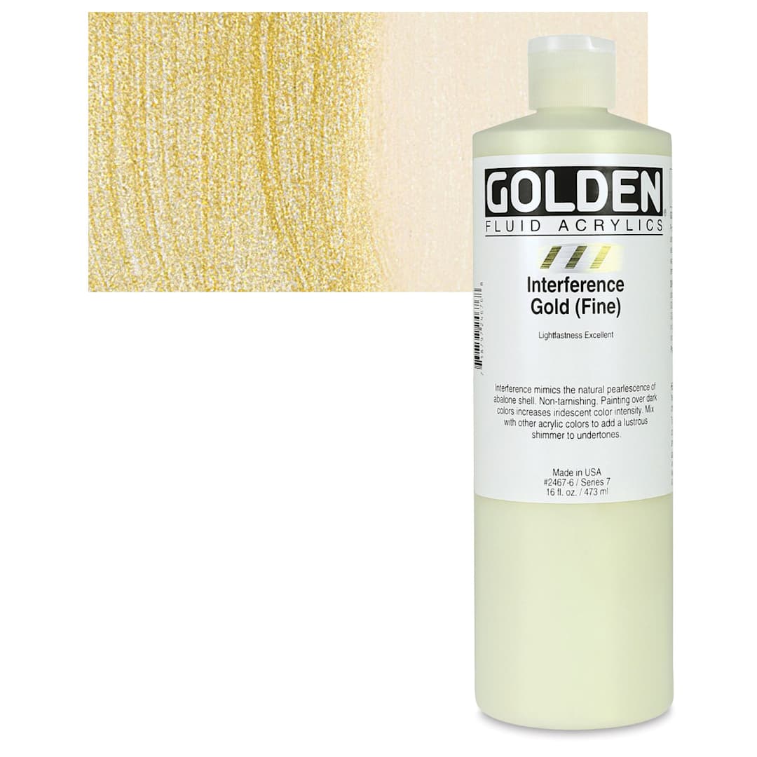 Open in modal - Golden Fluid Acrylic - Interference Gold (Fine), 16 oz bottle and swatch
