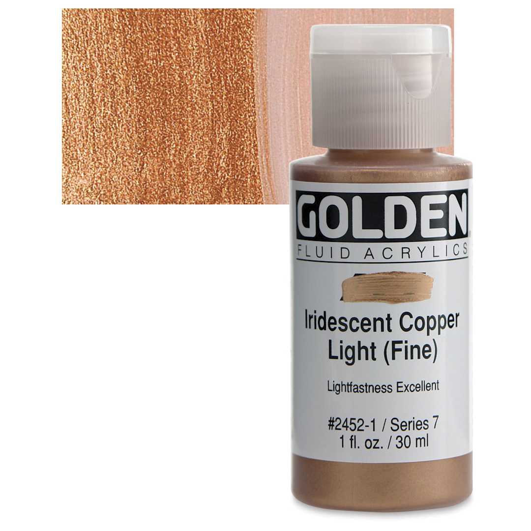 Open in modal - Golden Fluid Acrylic - Iridescent Copper Light (Fine), 1 oz bottle and swatch