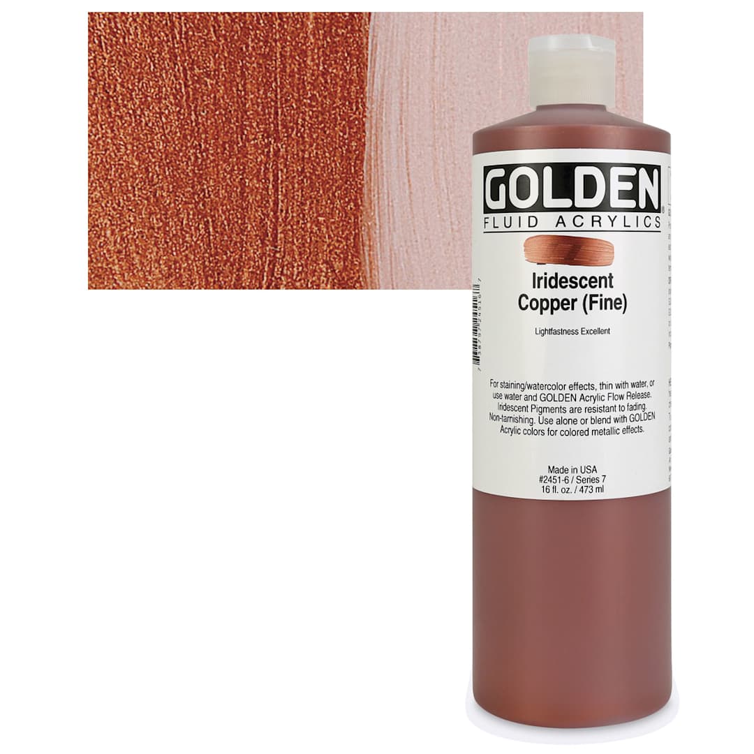 Open in modal - Golden Fluid Acrylic - Iridescent Copper (Fine), 16 oz  bottle and swatch