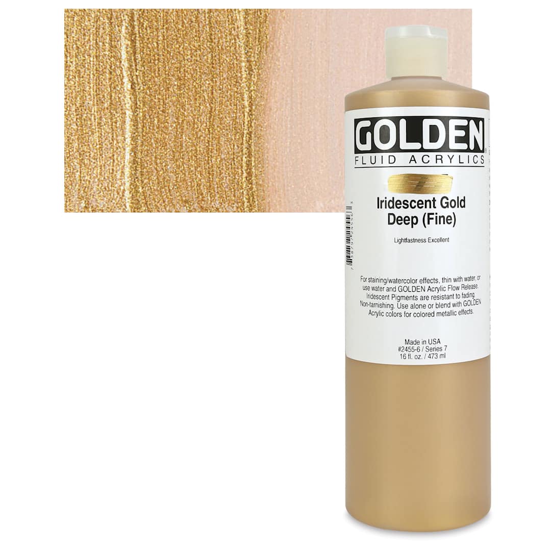 Open in modal - Golden Fluid Acrylic - Iridescent Gold Deep (Fine), 16 oz bottle and swatch