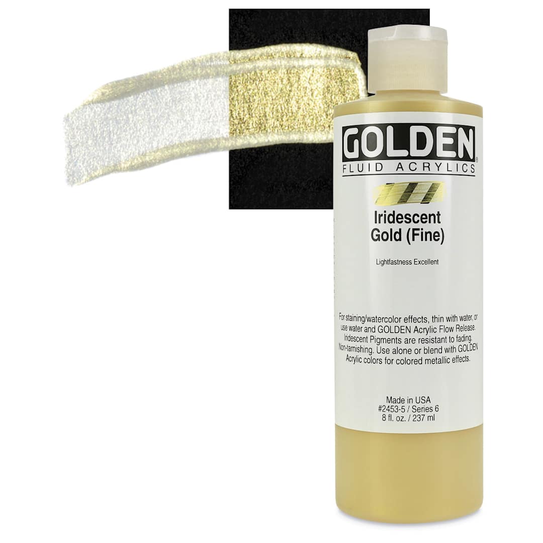 Open in modal - Golden Fluid Acrylic - Iridescent Gold (Fine), 8 oz bottle and swatch