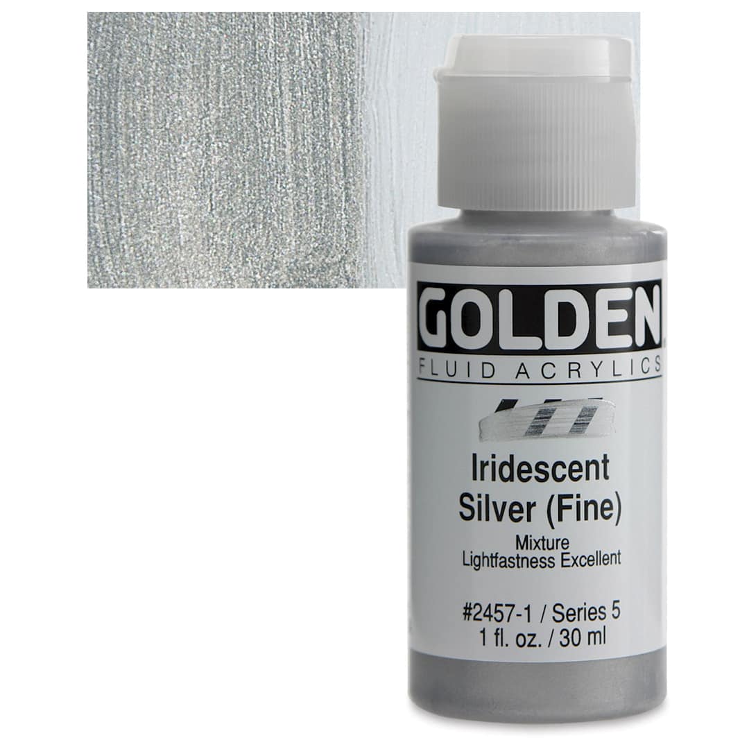 Open in modal - Golden Fluid Acrylic - Iridescent Silver (Fine), 1 oz bottle and swatch