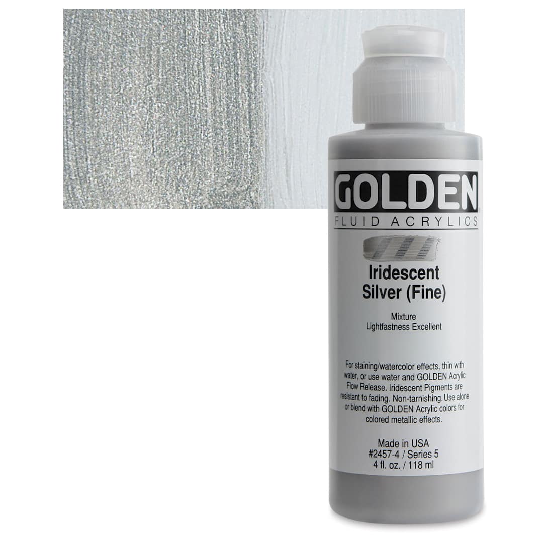 Open in modal - Golden Fluid Acrylic - Iridescent Silver (Fine), 4 oz bottle and swatch