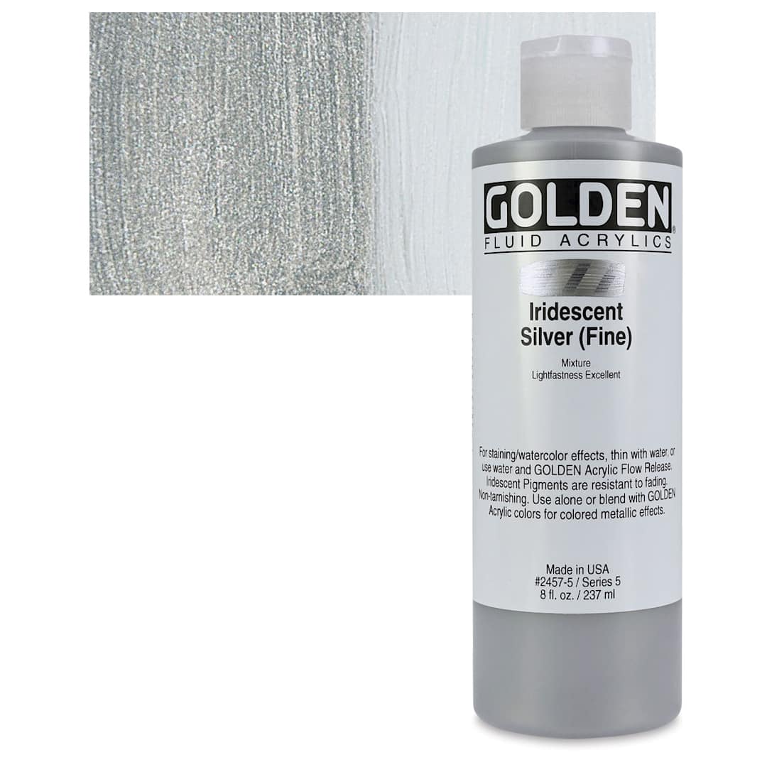 Open in modal - Golden Fluid Acrylic - Iridescent Silver (Fine), 8 oz bottle and swatch