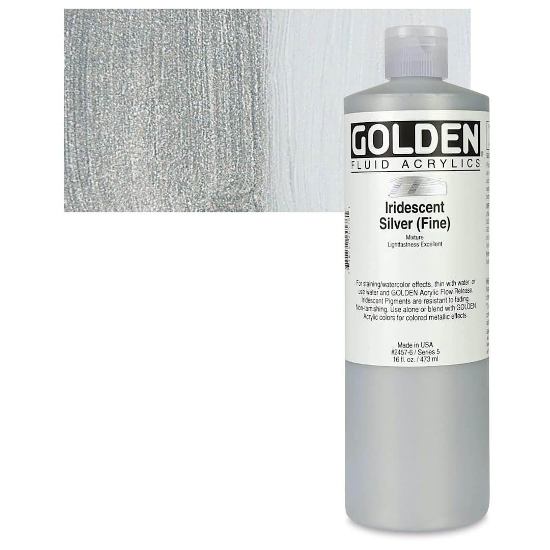 Open in modal - Golden Fluid Acrylic - Iridescent Silver (Fine), 16 oz bottle and swatch