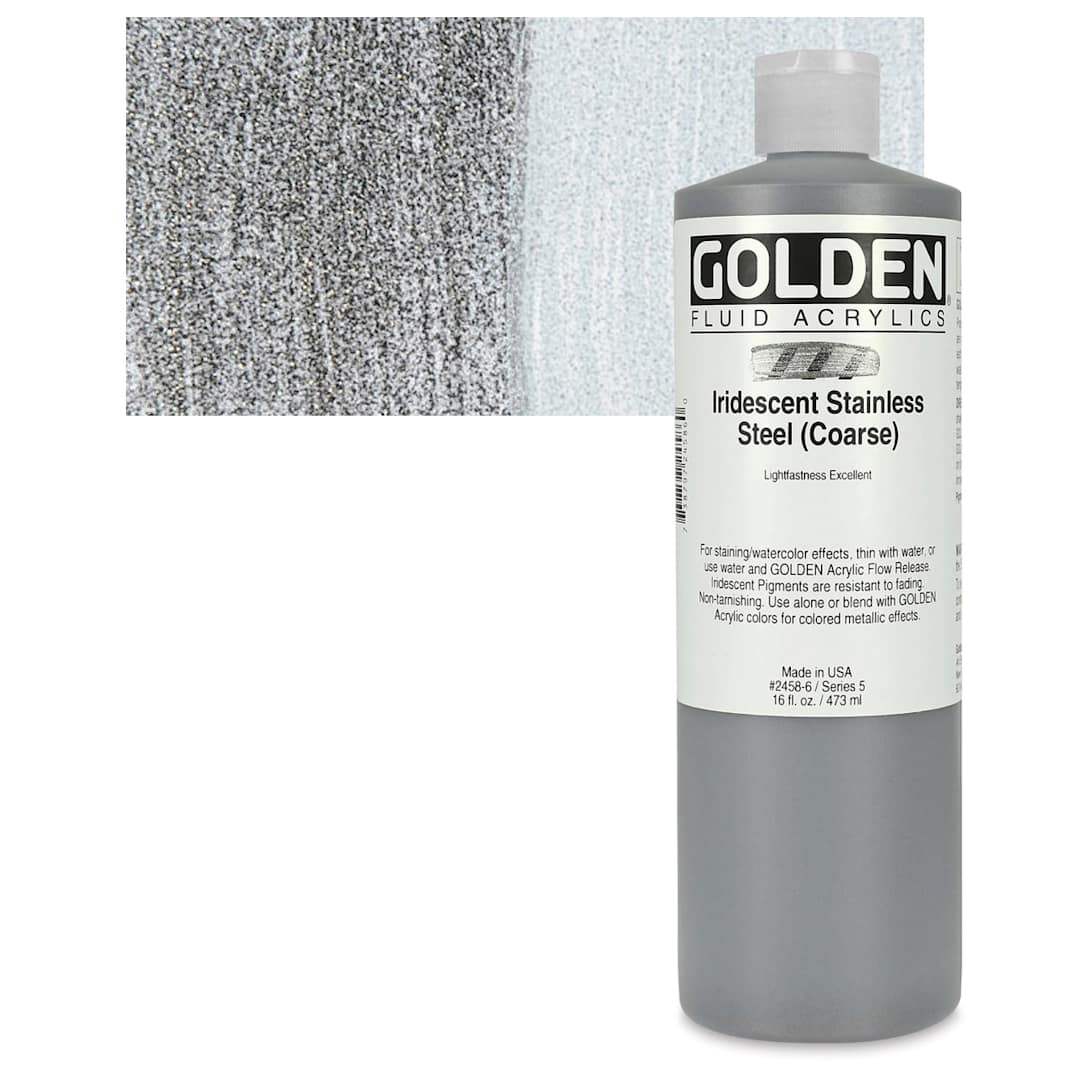 Open in modal - Golden Fluid Acrylic - Iridescent Stainless Steel, 16 oz bottle and swatch