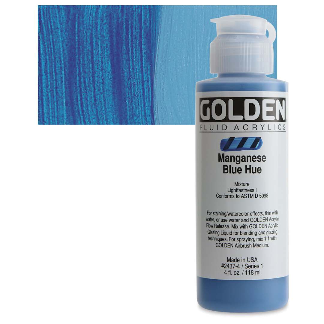 Open in modal - Golden Fluid Acrylic - Manganese Blue Historical Hue, 4 oz bottle and swatch