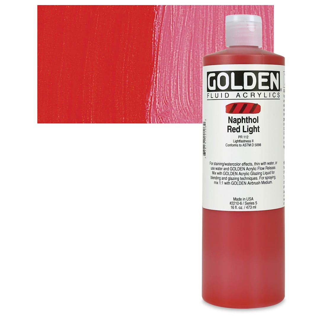 Open in modal - Golden Fluid Acrylic - Naphthol Red Light, 16 oz bottle and swatch