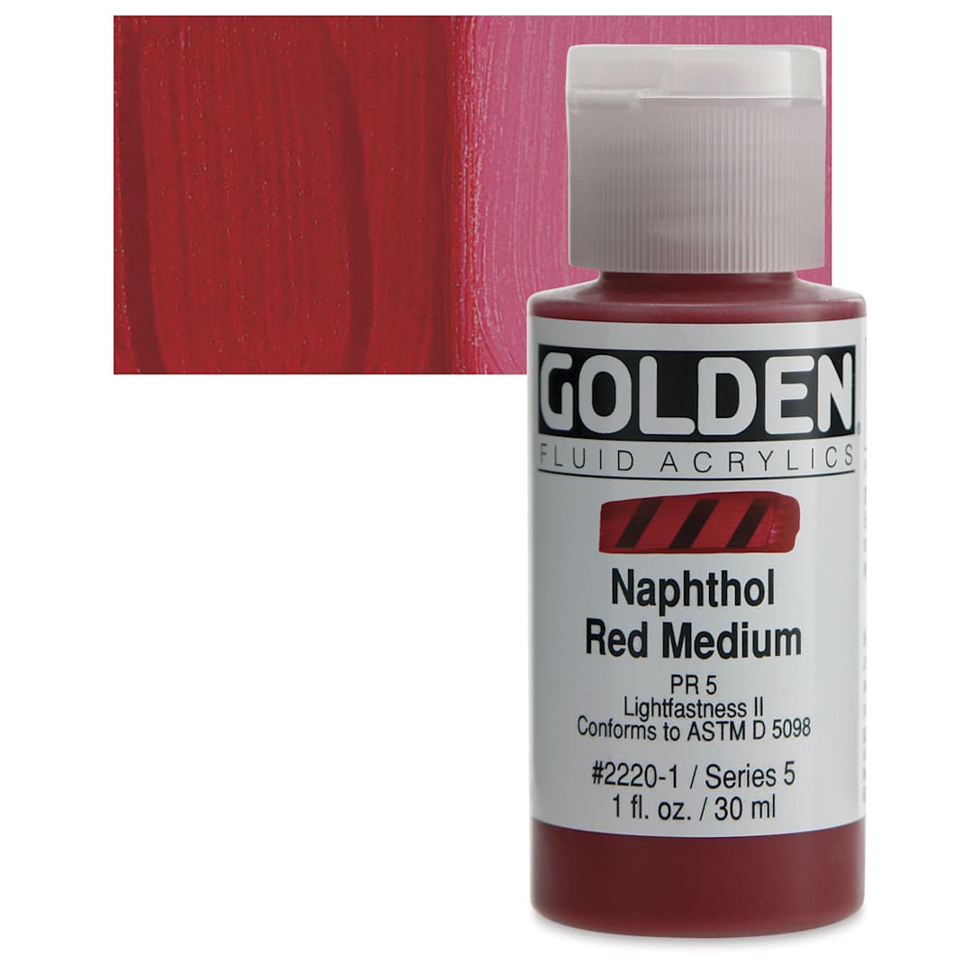 Open in modal - Golden Fluid Acrylic - Naphthol Red Medium, 1 oz bottle and swatch