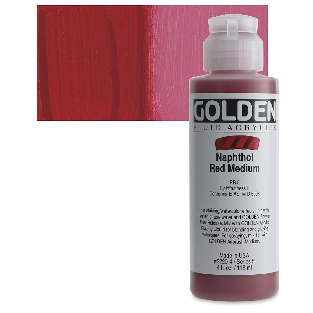 Open in modal - Golden Fluid Acrylic - Naphthol Red Medium, 4 oz bottle and swatch