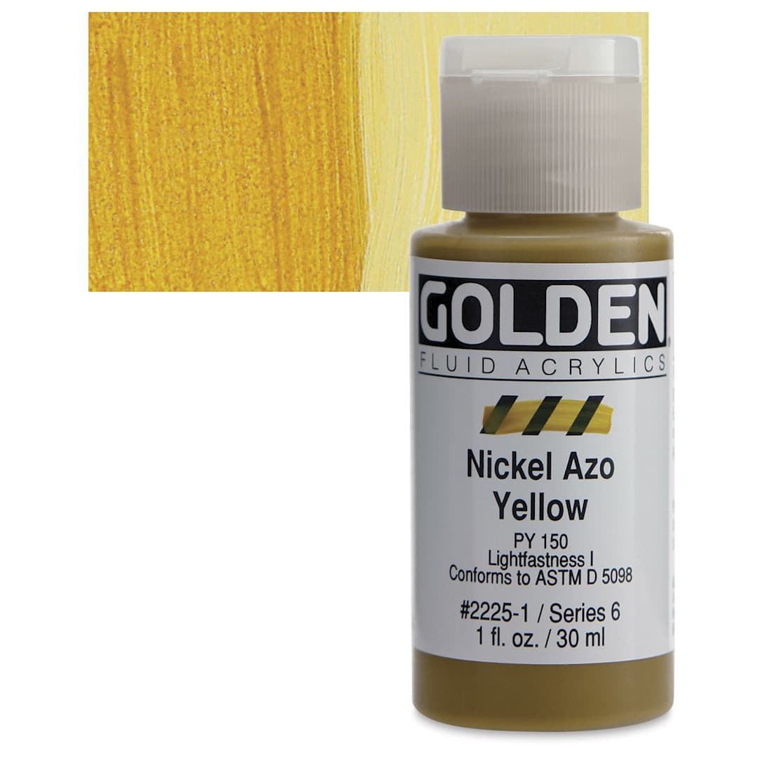Open in modal - Golden Fluid Acrylic - Nickel Azo Yellow, 1 oz bottle and swatch