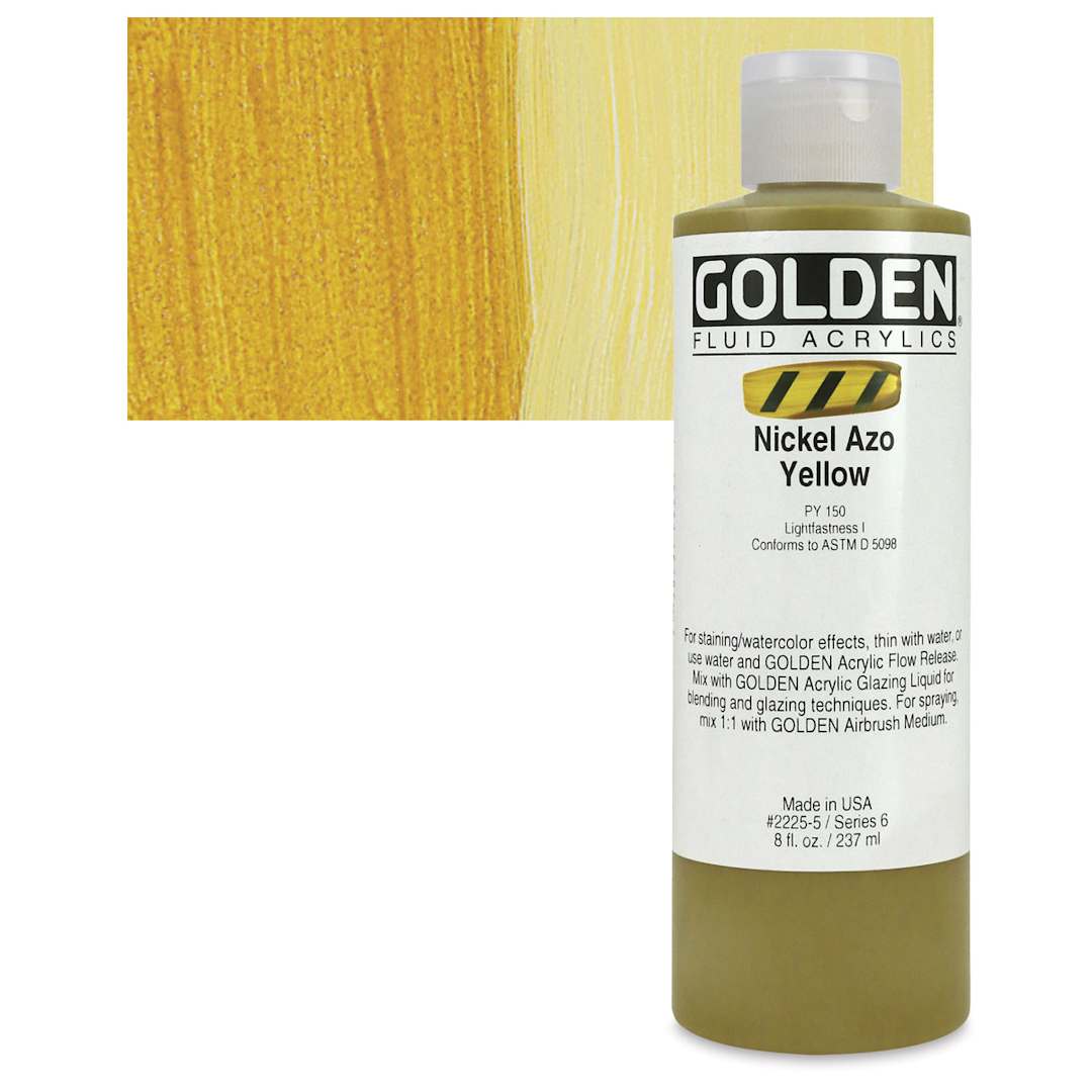 Open in modal - Golden Fluid Acrylic - Nickel Azo Yellow, 8 oz bottle and swatch