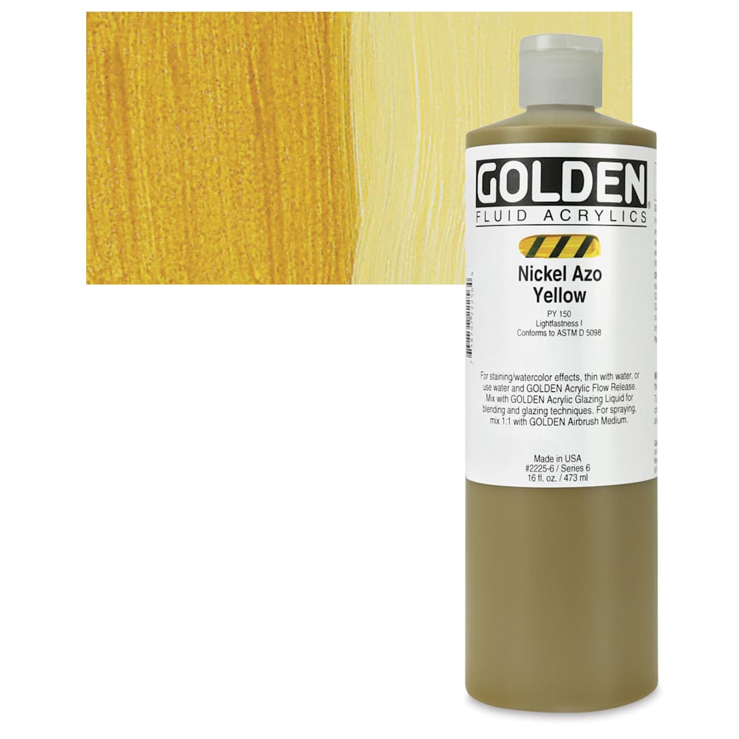 Open in modal - Golden Fluid Acrylic - Nickel Azo Yellow, 16 oz bottle and swatch