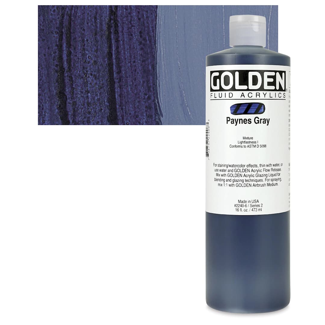 Open in modal - Golden Fluid Acrylic - Payne's Gray, 16 oz bottle and swatch