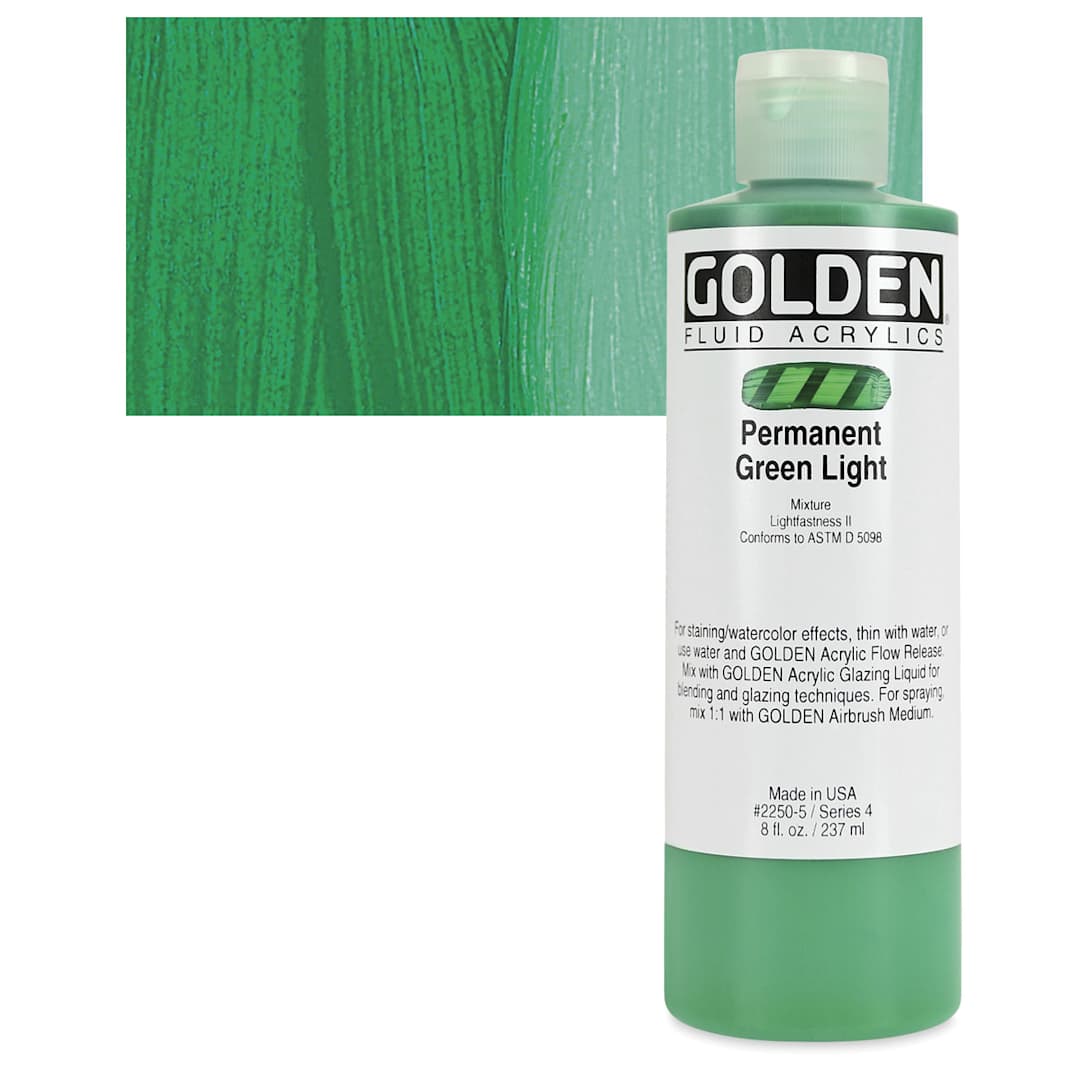 Open in modal - Golden Fluid Acrylic - Permanent Green Light, 8 oz bottle and swatch