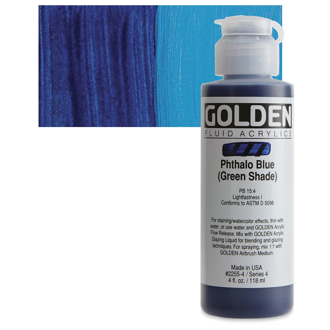 Open in modal - Golden Fluid Acrylic - Phthalo Blue (Green Shade), 4 oz bottle and swatch