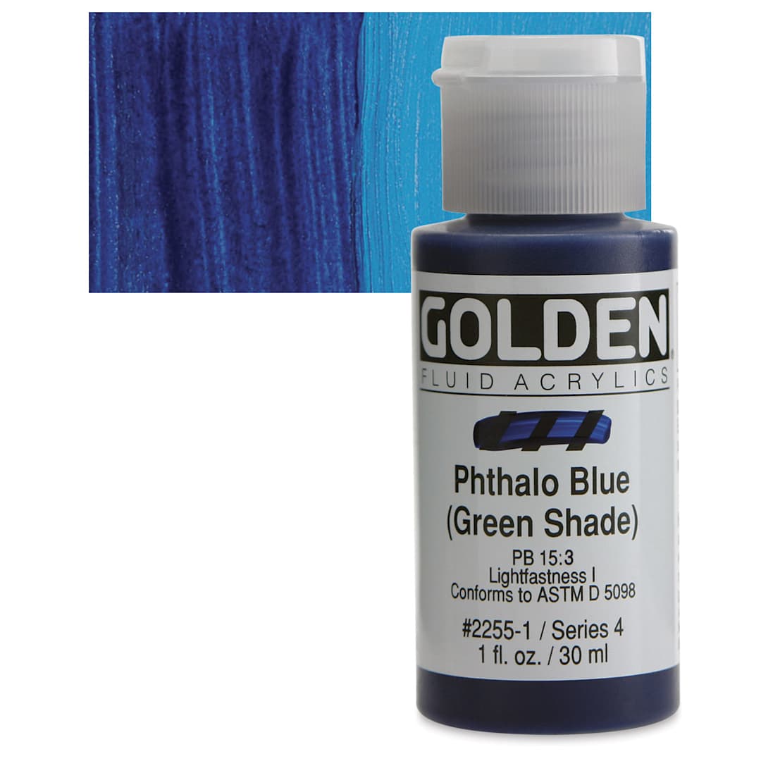 Open in modal - Golden Fluid Acrylic - Phthalo Blue (Green Shade), 1 oz bottle and swatch