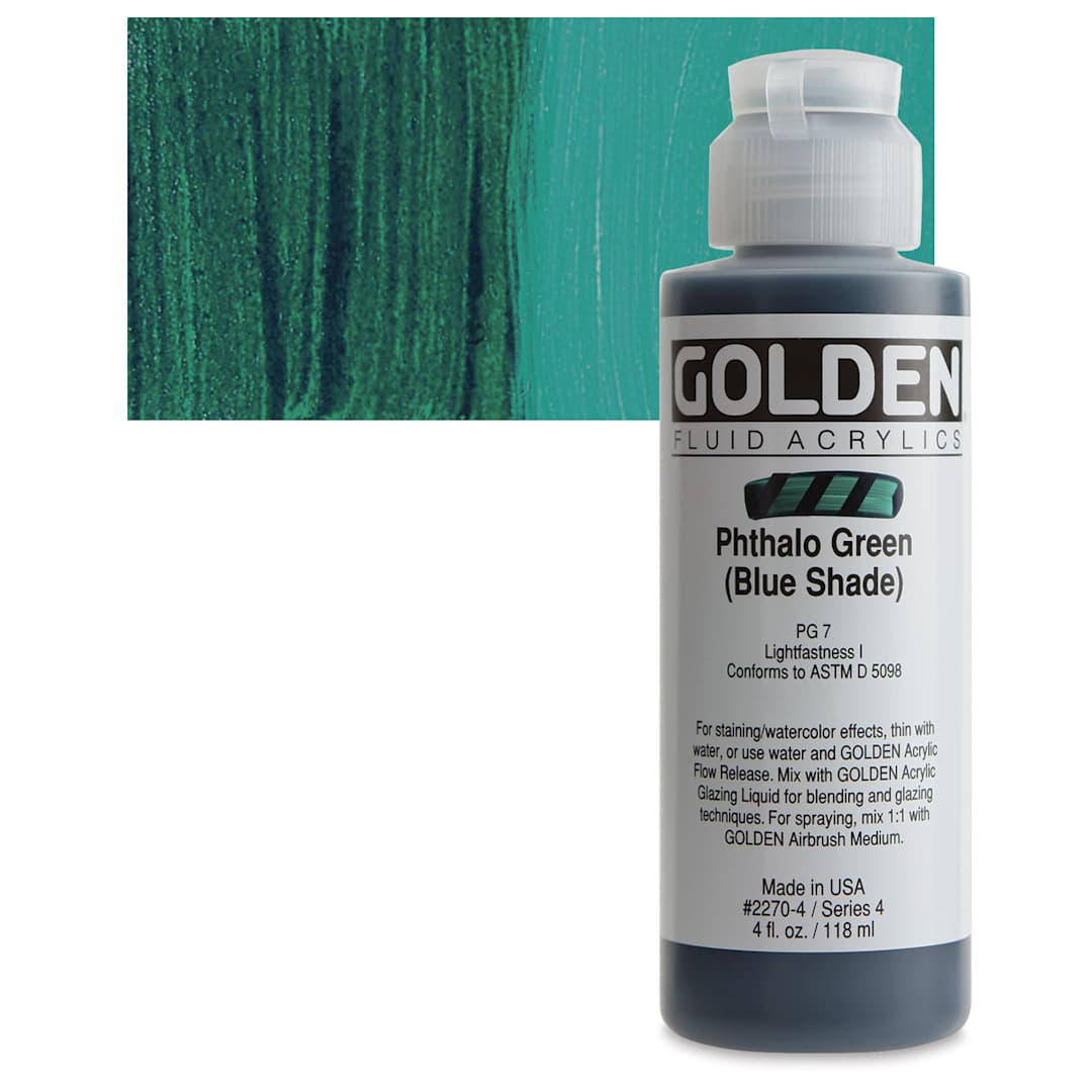 Open in modal - Golden Fluid Acrylic - Phthalo Green (Blue Shade), 4 oz bottle and swatch