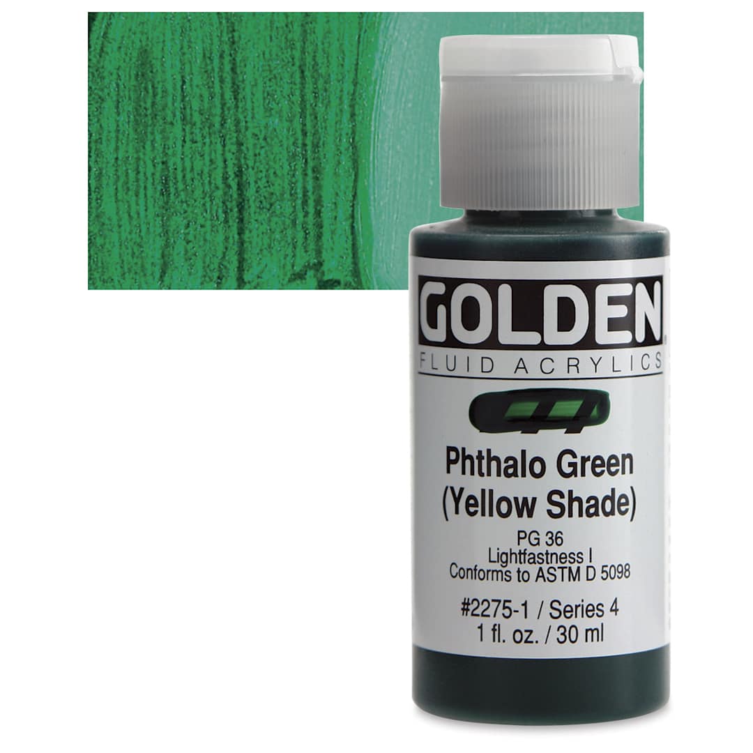 Open in modal - Golden Fluid Acrylic - Phthalo Green (Yellow Shade), 1 oz bottle and swatch