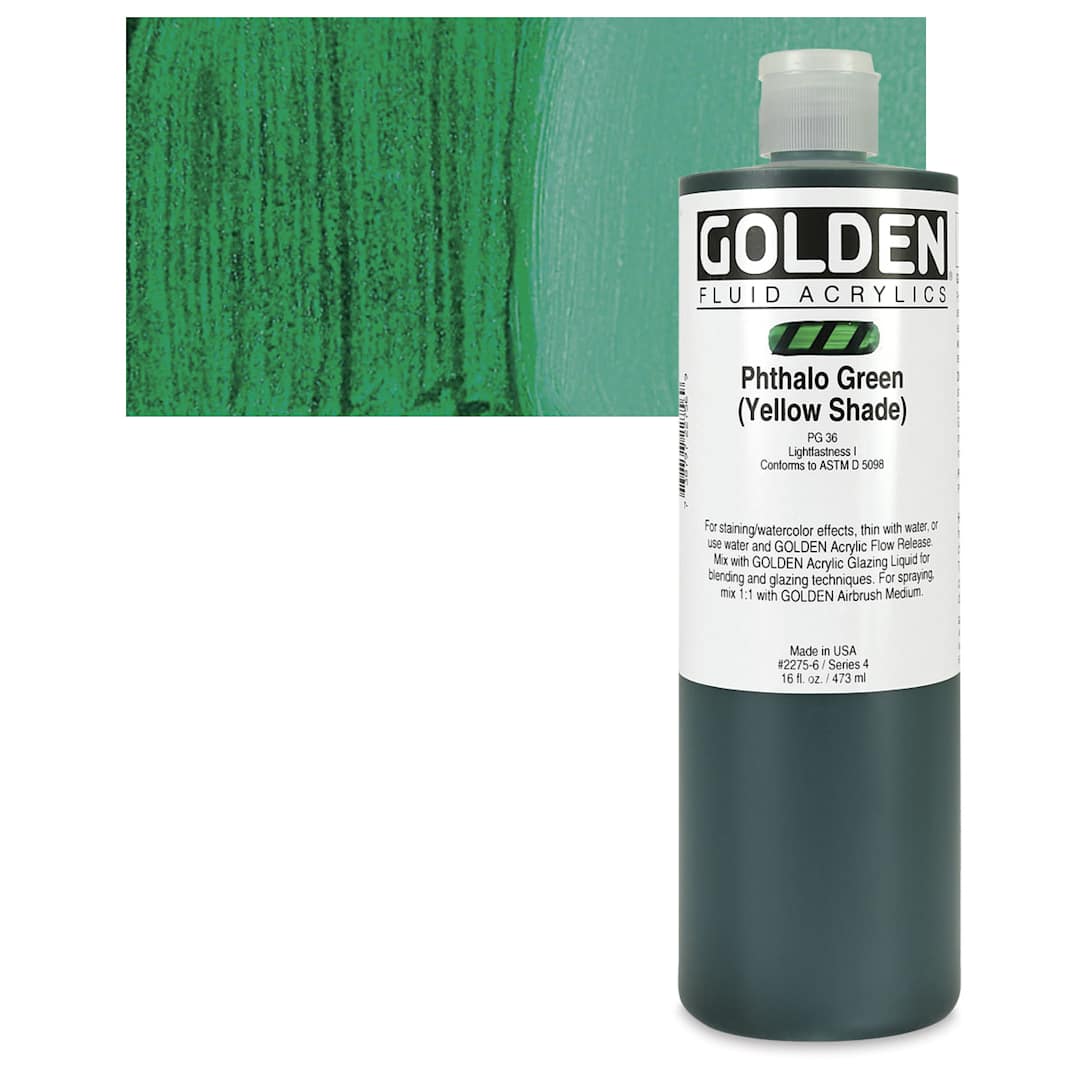 Open in modal - Golden Fluid Acrylic - Phthalo Green (Yellow Shade), 16 oz bottle and swatch