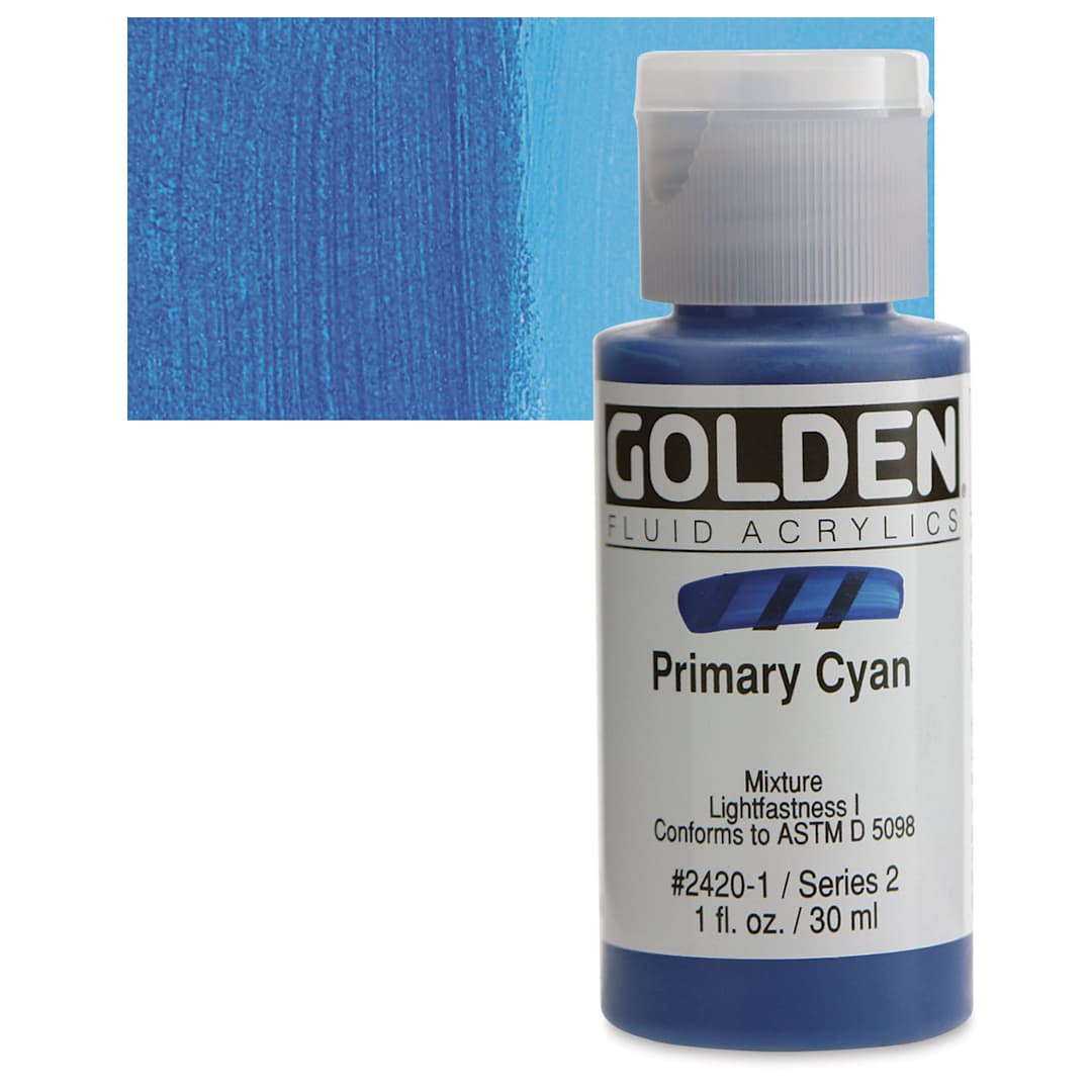 Open in modal - Golden Fluid Acrylic - Primary Cyan, 1 oz bottle and swatch