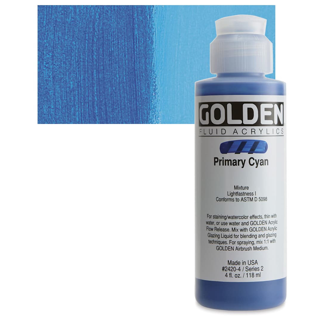 Open in modal - Golden Fluid Acrylic - Primary Cyan, 4 oz bottle and swatch