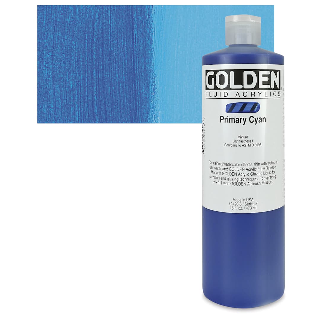 Open in modal - Golden Fluid Acrylic - Primary Cyan, 16 oz bottle and swatch