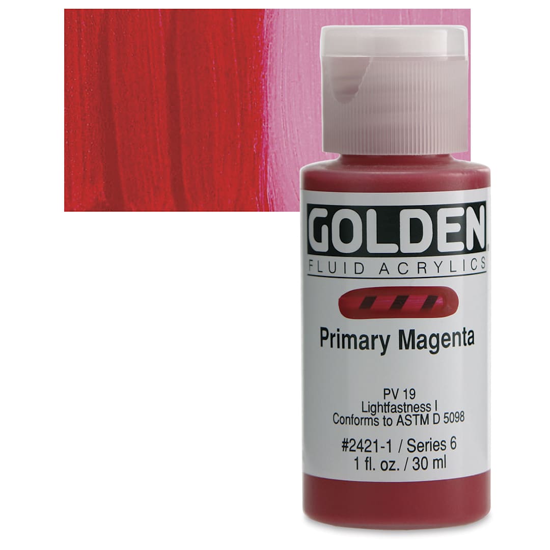 Open in modal - Golden Fluid Acrylic - Primary Magenta, 1 oz bottle and swatch