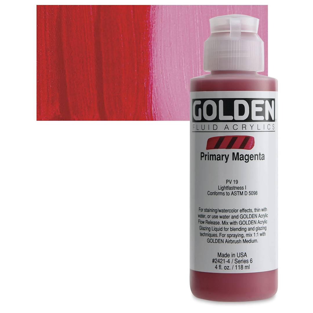 Open in modal - Golden Fluid Acrylic - Primary Magenta, 4 oz bottle and swatch