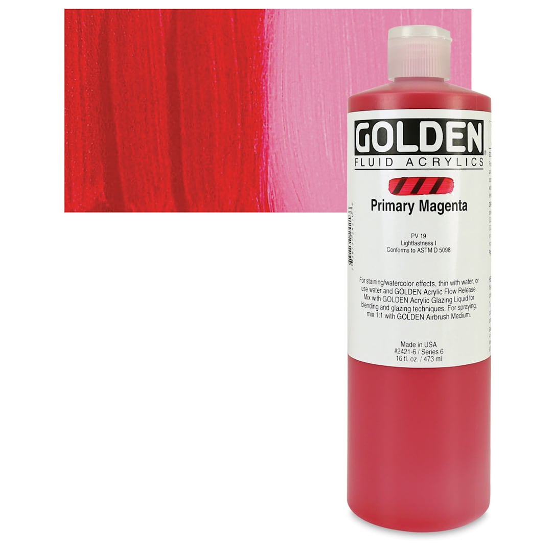Open in modal - Golden Fluid Acrylic - Primary Magenta, 16 oz bottle and swatch