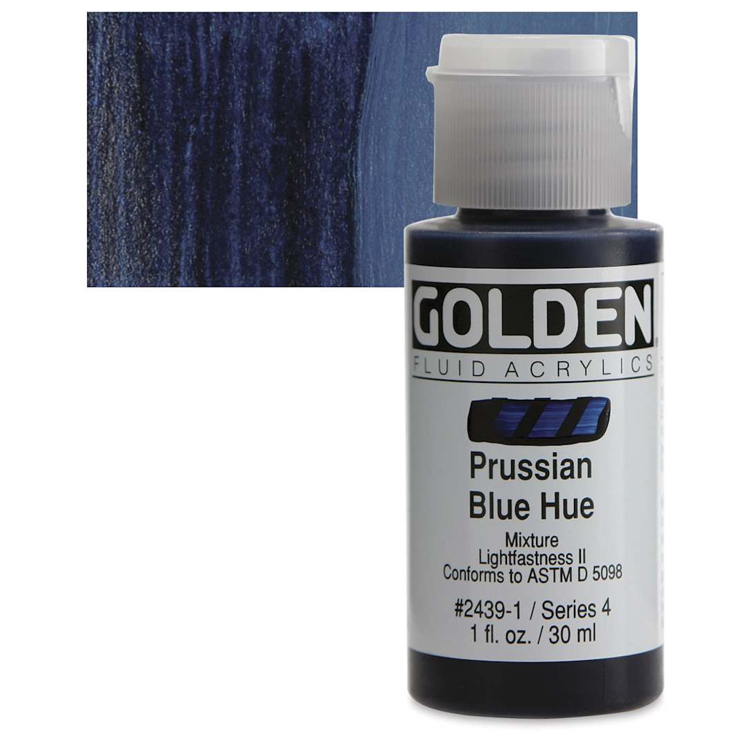 Open in modal - Golden Fluid Acrylic - Prussian Blue Historical Hue, 1 oz bottle and swatch