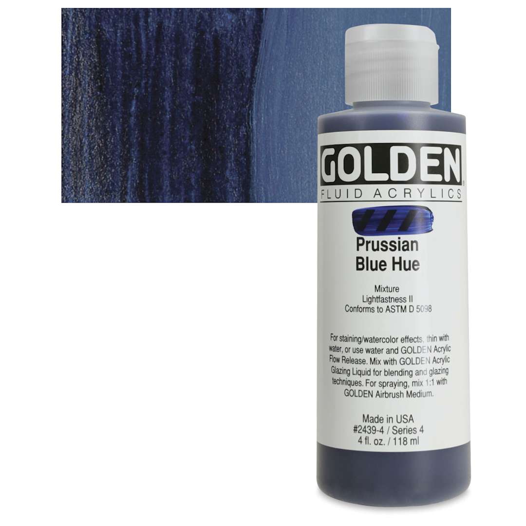 Open in modal - Golden Fluid Acrylic - Prussian Blue Historical Hue, 4 oz bottle and swatch