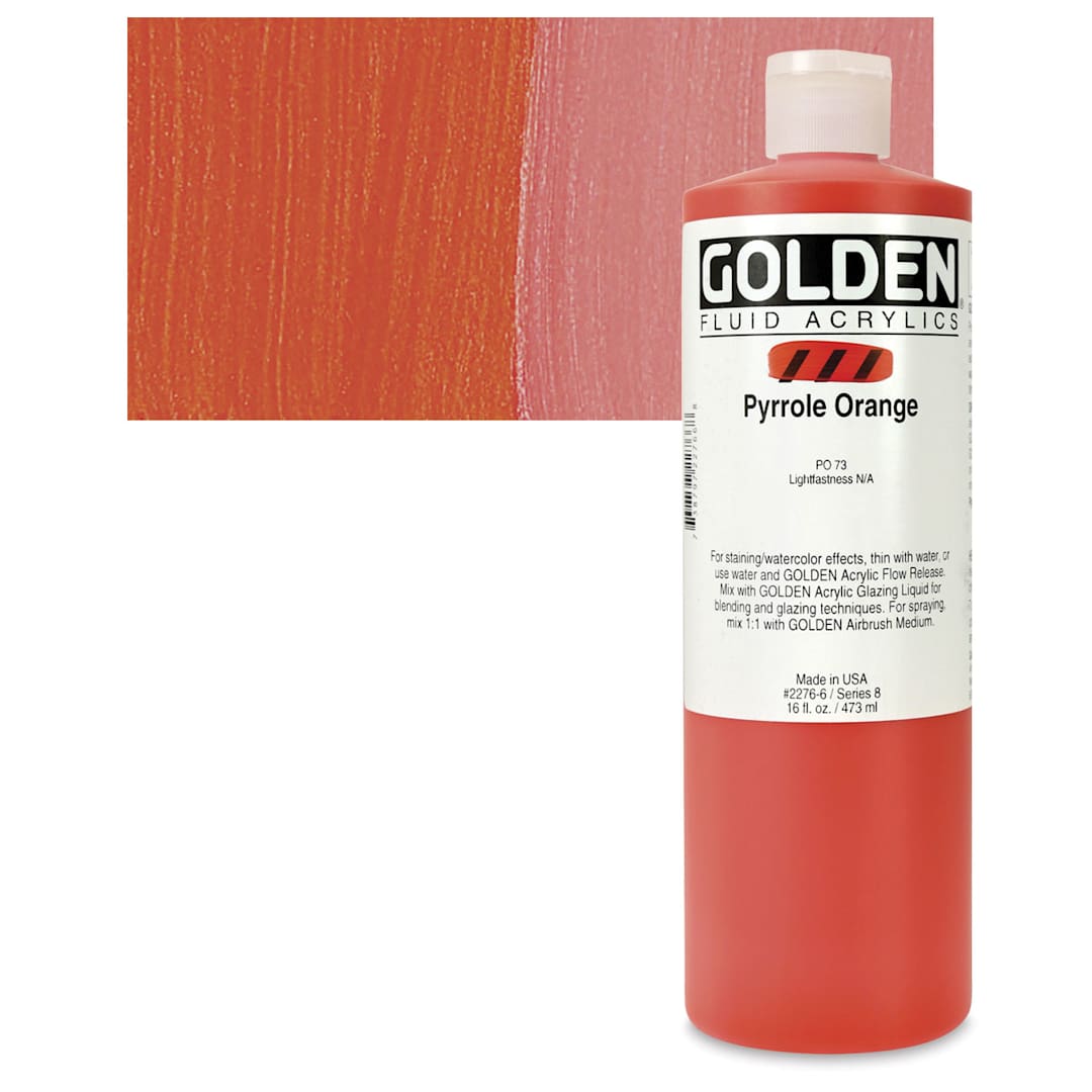 Open in modal - Golden Fluid Acrylic - Pyrrole Orange, 16 oz bottle and swatch