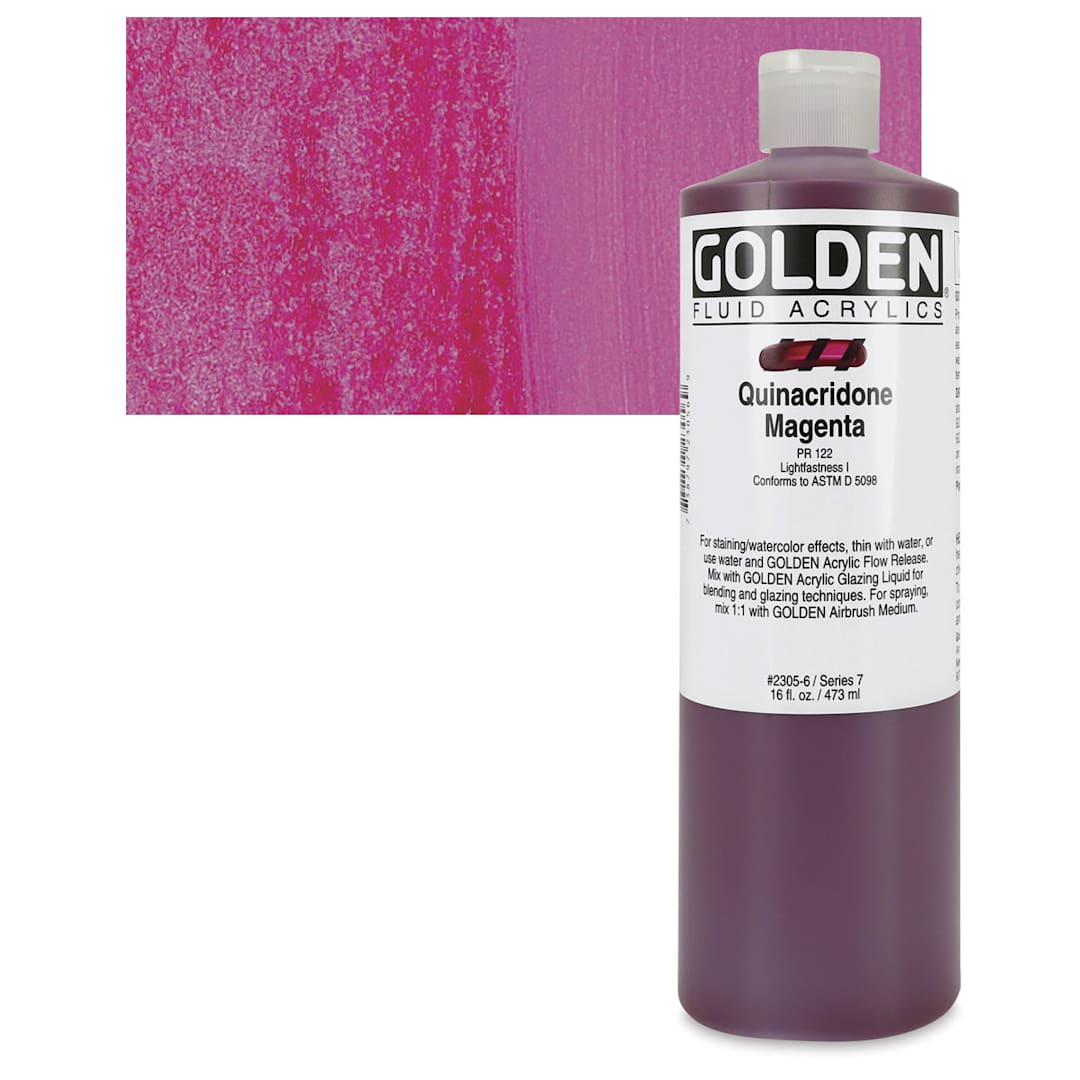 Open in modal - Golden Fluid Acrylic - Quinacridone Magenta, 16 oz bottle and swatch