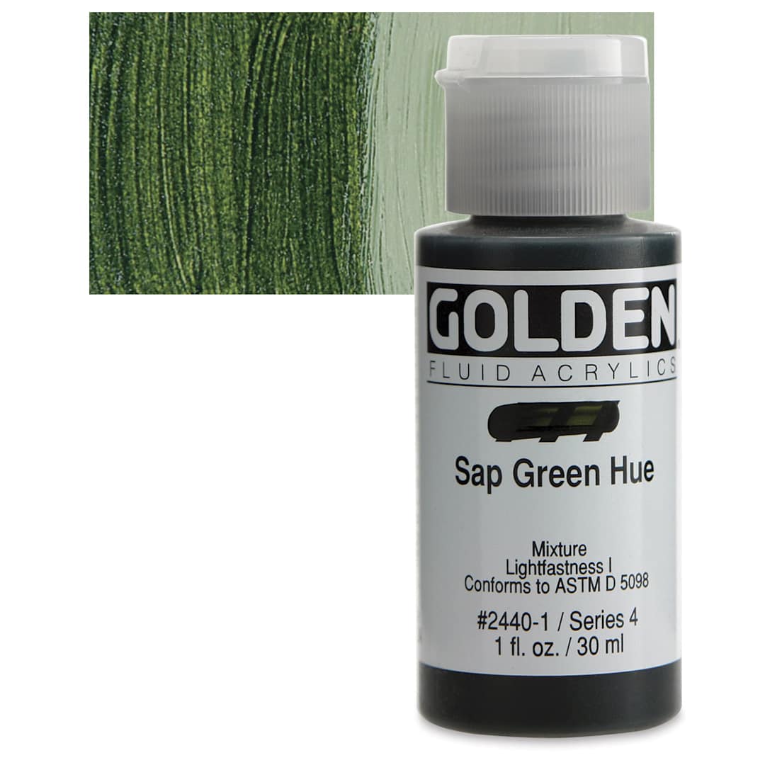 Open in modal - Golden Fluid Acrylic - Sap Green Historical Hue, 1 oz bottle and swatch