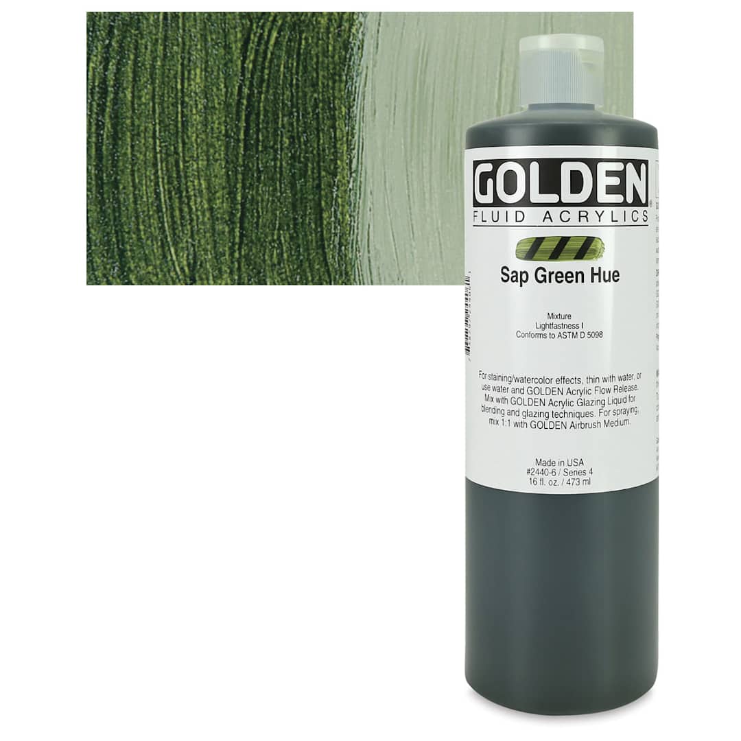 Open in modal - Golden Fluid Acrylic - Sap Green Historical Hue, 16 oz bottle and swatch