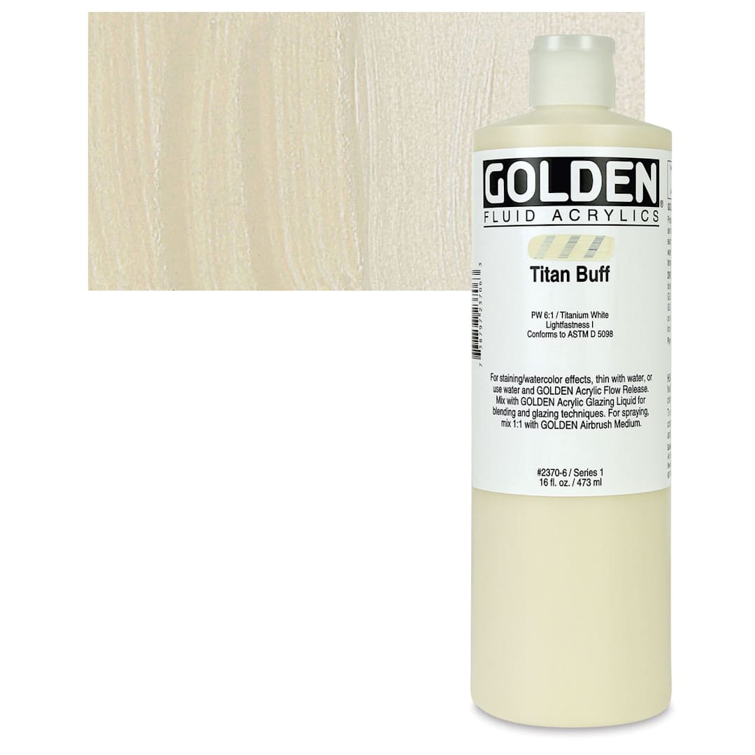Open in modal - Golden Fluid Acrylic - Titanium Buff, 16 oz bottle and swatch
