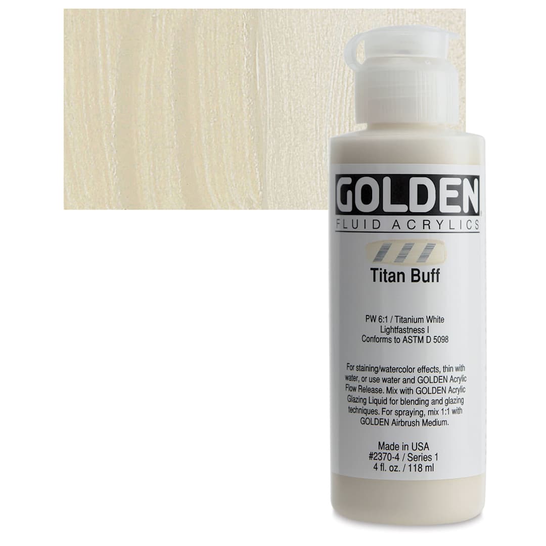 Open in modal - Golden Fluid Acrylic - Titanium Buff, 4 oz bottle and swatch