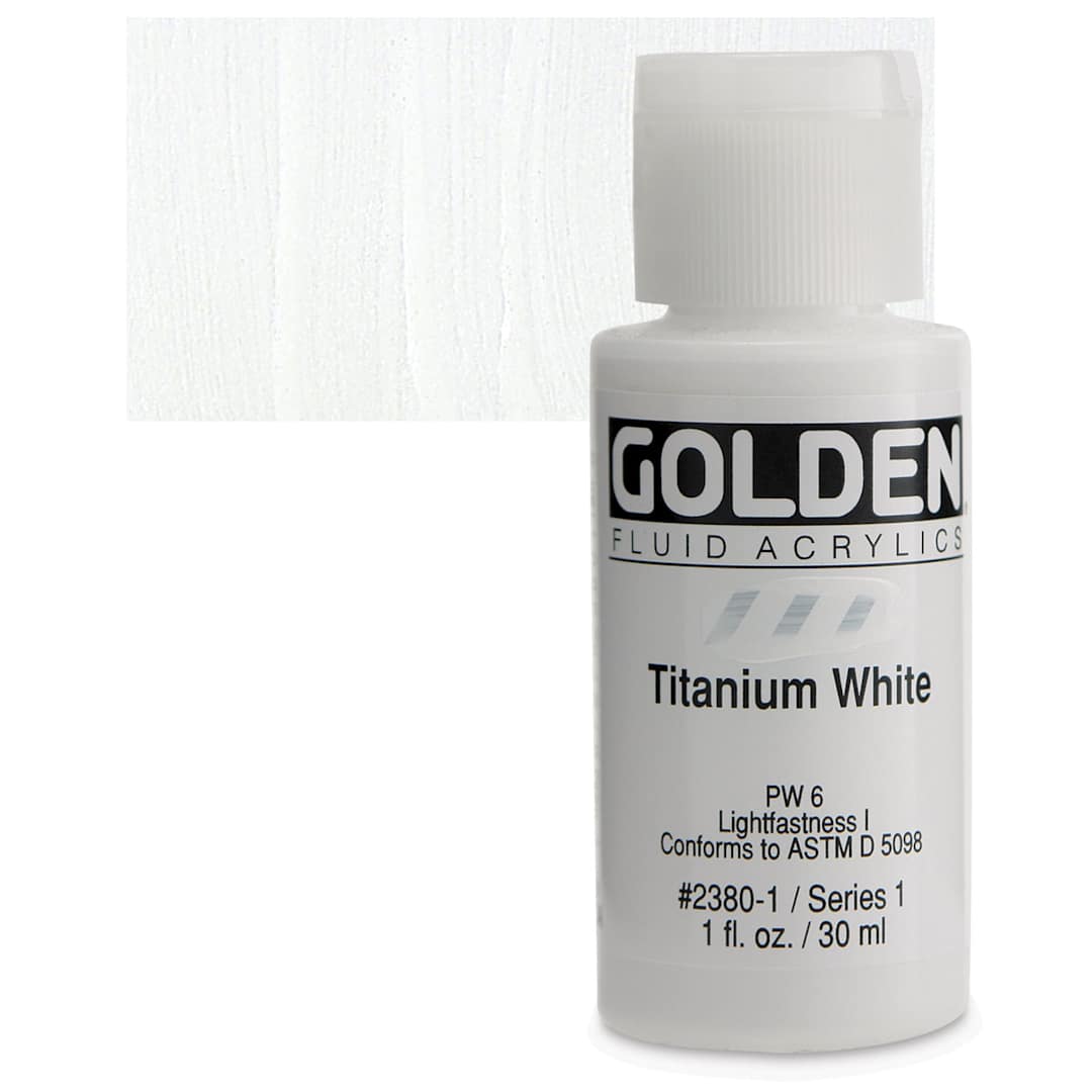 Open in modal - Golden Fluid Acrylic - Titanium White, 1 oz bottle and swatch