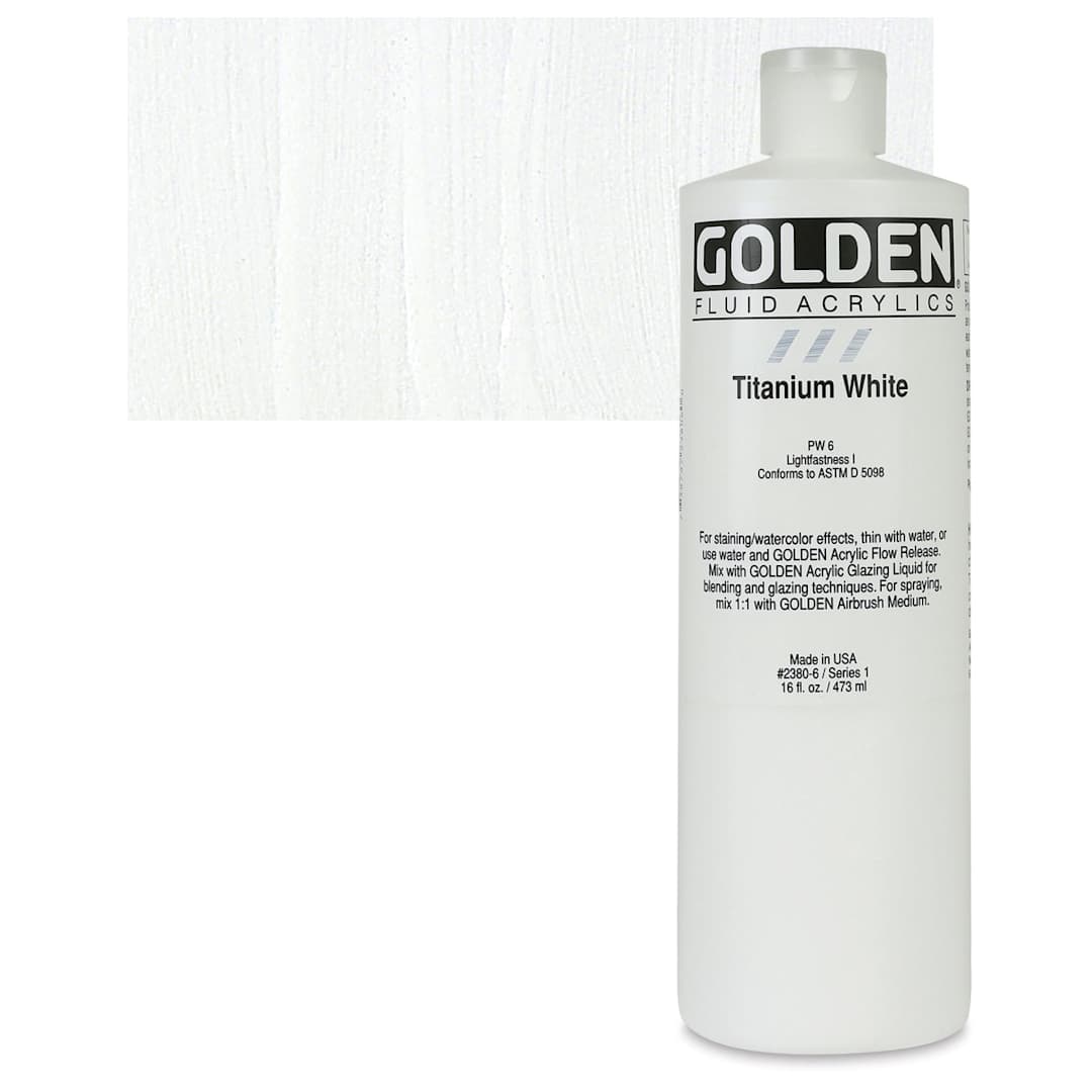 Open in modal - Golden Fluid Acrylic - Titanium White, 16 oz bottle and swatch