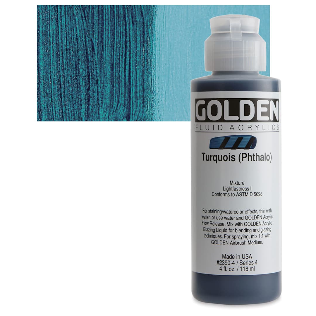 Open in modal - Golden Fluid Acrylic - Turquoise (Phthalo), 4 oz bottle and swatch