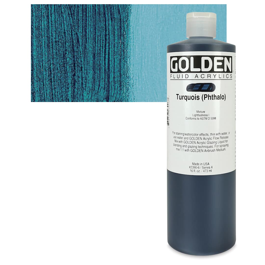 Open in modal - Golden Fluid Acrylic - Turquoise (Phthalo), 16 oz bottle and swatch