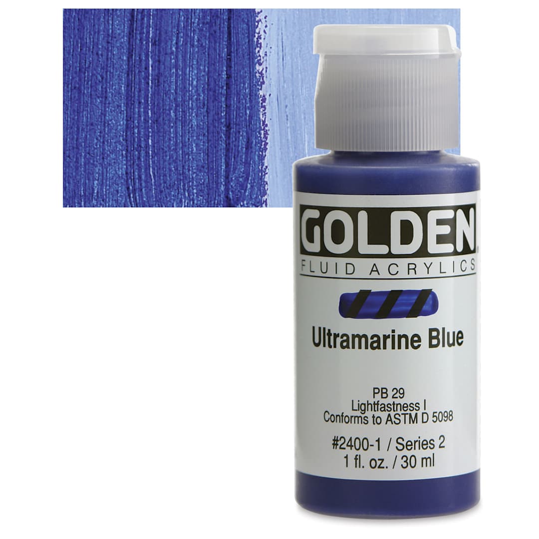 Open in modal - Golden Fluid Acrylic - Ultramarine Blue, 1 oz bottle and swatch