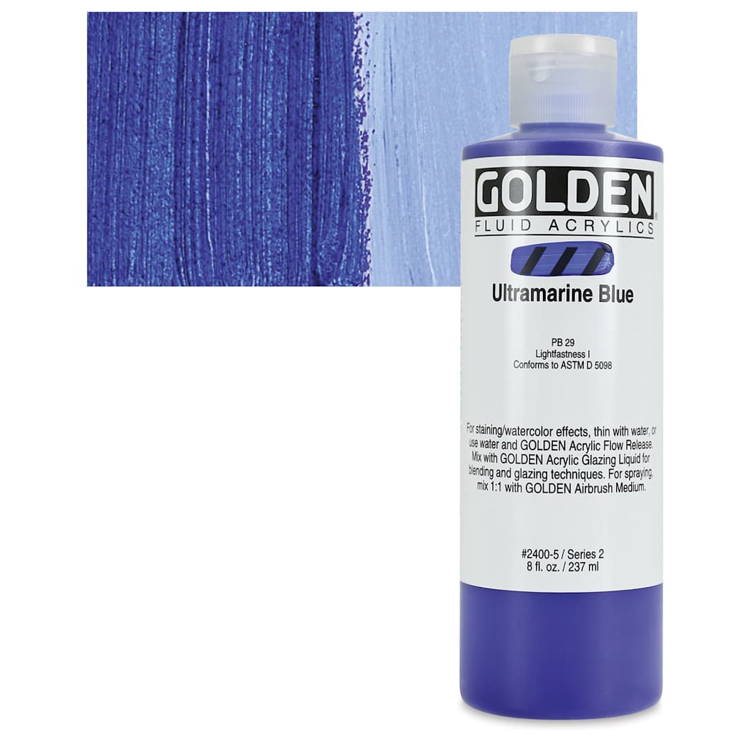 Open in modal - Golden Fluid Acrylic - Ultramarine Blue, 8 oz bottle and swatch