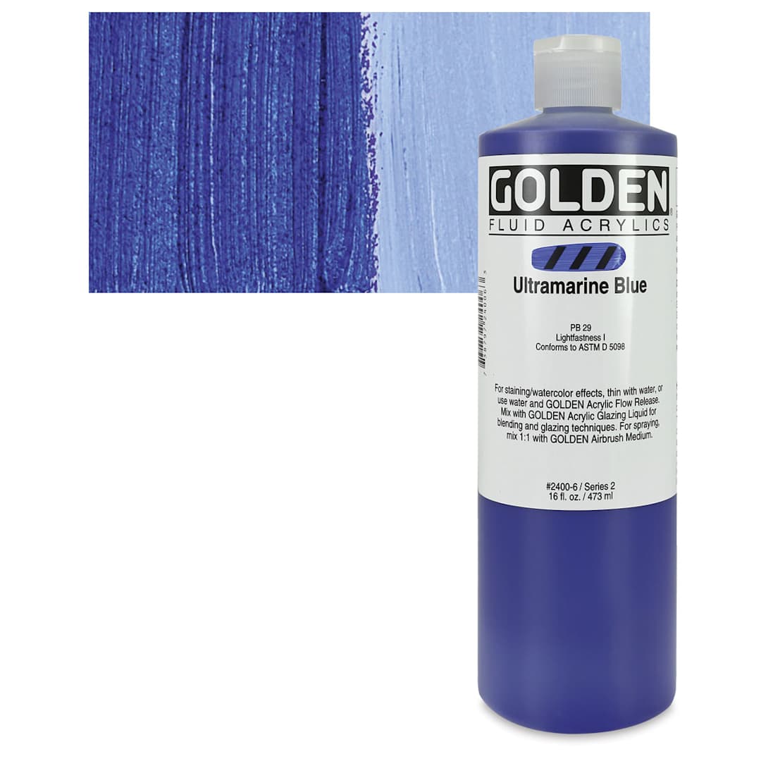 Open in modal - Golden Fluid Acrylic - Ultramarine Blue, 16 oz bottle and swatch