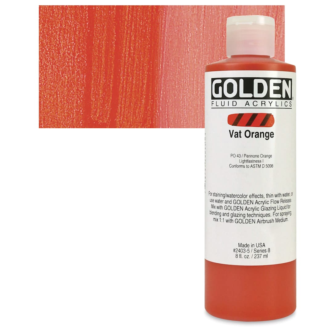 Open in modal - Golden Fluid Acrylic - Vat Orange, 8 oz bottle and swatch