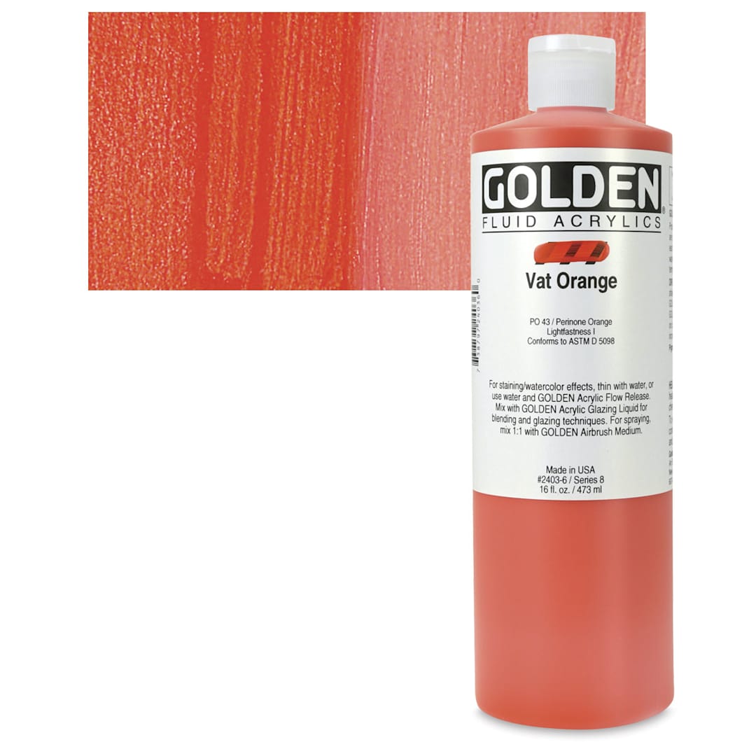 Open in modal - Golden Fluid Acrylic - Vat Orange, 16 oz bottle and swatch